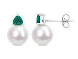 8-8.5 mm Cultured Freshwater Pearl Earrings with Lab-Created Emeralds 10K White Gold