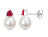 8-8.5 mm Cultured Freshwater Pearl Earrings with Lab-Created Rubies10K White Gold