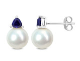 8-8.5 mm Cultured Freshwater Pearl Earrings with Lab-Created Blue Sapphires 10K White Gold