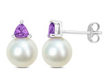 8-8.5 mm Cultured Freshwater Pearl Earrings with Amethysts 10K White Gold