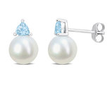 8-8.5 mm Cultured Freshwater Pearl Earrings with Blue Topaz 10K White Gold