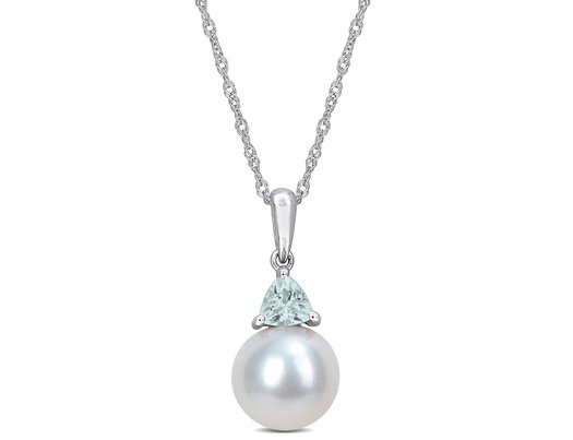 8-8.5mm Freshwater Cultured Drop Pearl Pendant Necklace with Aquamarine in 10K White Gold with Chain