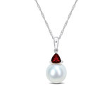 8-8.5mm Freshwater Cultured Drop Pearl Pendant Necklace with Garnet in 10K White Gold with Chain