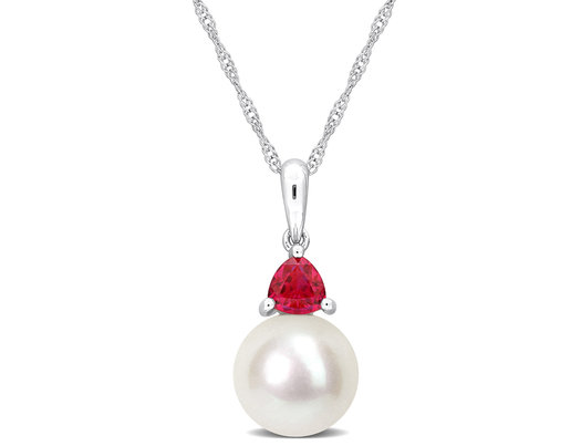 8-8.5mm Freshwater Cultured Drop Pearl Pendant Necklace with Lab-Created Ruby in 10K White Gold with Chain