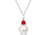 8-8.5mm Freshwater Cultured Drop Pearl Pendant Necklace with Lab-Created Ruby in 10K White Gold with Chain