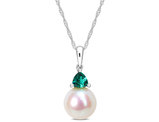 8-8.5mm Freshwater Cultured Drop Pearl Pendant Necklace with Lab-Created Emerald in 10K White Gold with Chain