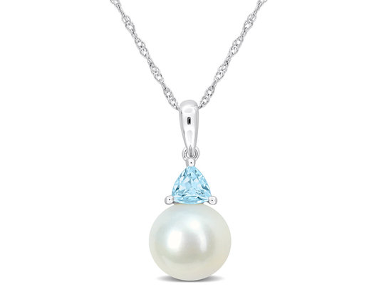 8-8.5mm Freshwater Cultured Drop Pearl Pendant Necklace with Blue Topaz in 10K White Gold with Chain