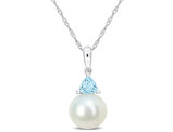 8-8.5mm Freshwater Cultured Drop Pearl Pendant Necklace with Blue Topaz in 10K White Gold with Chain