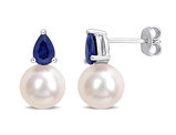 8.5-9mm Cultured Freshwater Pearl Earrings with Lab-Created Blue Sapphires Sterling Silver