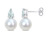 8.5-9mm Cultured Freshwater Pearl Earrings with Aquamarine Sterling Silver