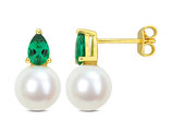 8.5-9mm Cultured Freshwater Pearl Earrings with Lab-Created Emeralds Yellow Sterling Silver