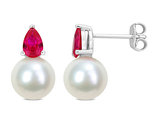 8.5-9mm Cultured Freshwater Pearl Earrings with Lab-Created Rubies Sterling Silver