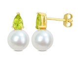 8.5-9mm Cultured Freshwater Pearl Earrings with Peridots Yellow Sterling Silver