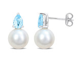 8.5-9mm Cultured Freshwater Pearl Earrings with Blue Topaz Sterling Silver