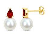 8.5-9mm Cultured Freshwater Pearl Earrings with Garnet Yellow Sterling Silver