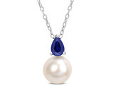 8.5-9mm Freshwater Cultured Drop Pearl Pendant Necklace with Lab-Created Blue Sapphire Sterling Silver with Chain