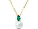 8.5-9mm Freshwater Cultured Drop Pearl Pendant Necklace with Lab-Created Emerald Yellow Sterling Silver with Chain