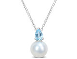 8.5-9mm Freshwater Cultured Drop Pearl Pendant Necklace with Blue Topaz Sterling Silver with Chain