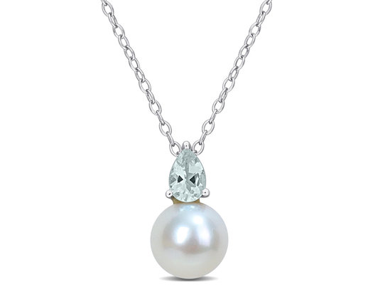 8.5-9mm Freshwater Cultured Drop Pearl Pendant Necklace with Aquamarine Sterling Silver with Chain