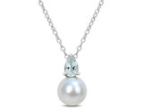 8.5-9mm Freshwater Cultured Drop Pearl Pendant Necklace with Aquamarine Sterling Silver with Chain
