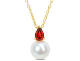 8.5-9mm Freshwater Cultured Drop Pearl Pendant Necklace with Garnet Yellow Sterling Silver with Chain