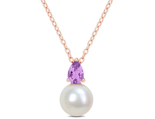 8.5-9mm Freshwater Cultured Drop Pearl Pendant Necklace with Amethyst Sterling Silver with Chain