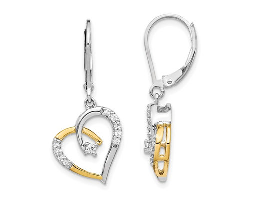1/5 Carat (ctw) Lab-Grown Diamond Heart Dangle Earrings in 14K White and Yellow Gold