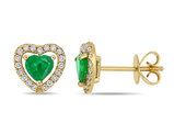 2/3 Carat (ctw) Emerald Halo Heart Earrings in 14K Yellow Gold with Diamonds