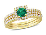 1.50 Carat (ctw) Lab-Created Emerald and White Sapphire Bridal Wedding Ring Set Sterling Silver