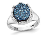 Blue Druzy Quartz Ring with Accent Diamonds in Sterling Silver