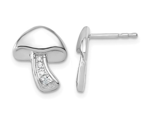 Sterling Silver Mushroom Charm Post Earrings with Accent Diamonds