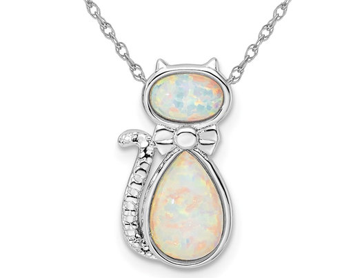 Lab Created Opal Cat Pendant Necklace in Sterling Silver with Chain