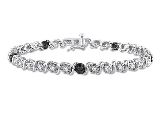 1.00 Carat (ctw) Black and White Diamond Tennis Bracelet in Sterling Silver (7.25 Inches)