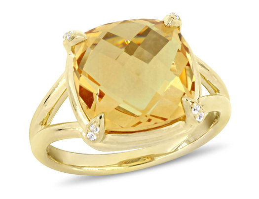 7.00 Carat (ctw) Cushion-Cut Citrine Ring in Yellow Plated Sterling Silver