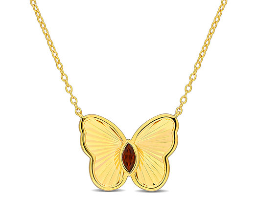 1/5 Carat (ctw) Garnet Butterfly Pendant Necklace in Yellow Sterling Silver with Chain