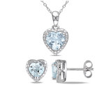 2.80 Carat (ctw) Aquamarine Heart Stud Earrings and Pendant Set Sterling Silver
