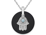 Sterling Silver Black Onyx and Blue Topaz Hamsa Pendant Necklace with Chain