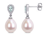 9-9.5mm White Freshwater Cultured Pearl Drop Earrings with Aquamarine in 10K White Gold