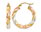 14K Yellow, Rose and White Gold Twisted Hoop Earrings (4.00 mm Thick)