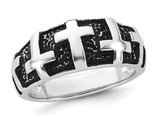Mens Sterling Silver Black Enamel Cross Band Ring