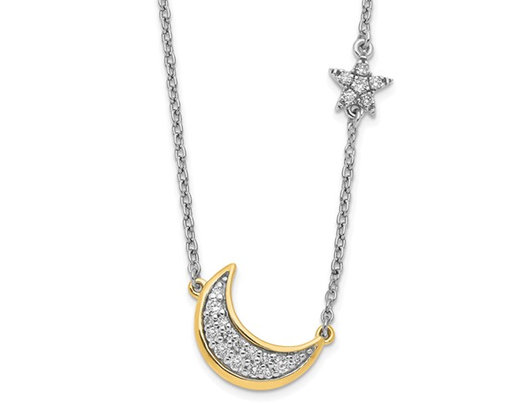 14K Yellow and Wihite Gold Moon and Star Charm Pendant Necklace with Chain and Accent Diamonds