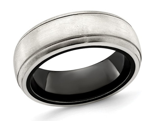 Men's Black Titanium with Silver Dome Groove Band Ring (8mm)