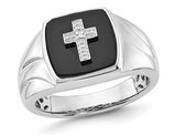 Mens Black Onyx Cross Ring in Sterling Silver with Accent Diamonds