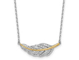 Sterling Silver Feather Necklace Pendant with Chain and Cubic Zirconias (16 inches)