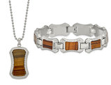 Mens Stainless Steel Tiger's Eye Dog Tag Pendant and Bracelet Set