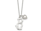 Steling Silver Cat Silhouette and Puffed Heart Pendant Necklace with Chain