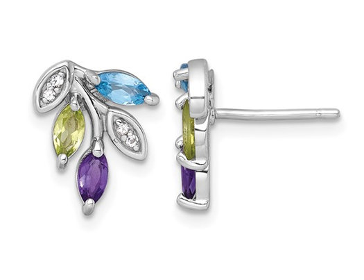 7/8 Carat (ctw) Blue Topaz, Amethyst and Peridot Leaf Earrings in Sterling Silver