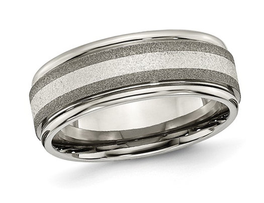 Men's Titanium Band Ring with Sterling Silver Inlay and Stone Finish (8.00mm)