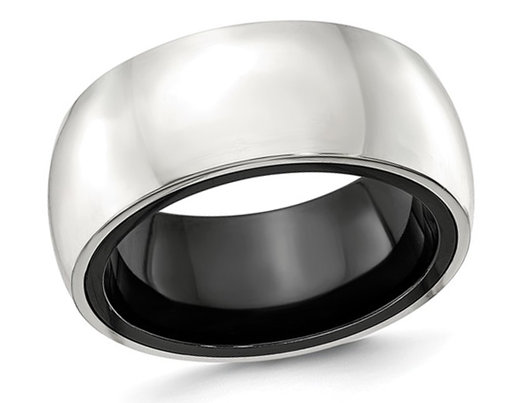 Men's Black Titanium with Silver Dome Band Ring (10mm)