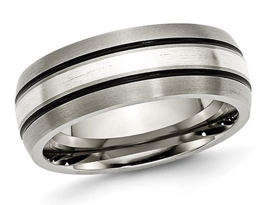 Men's 8mm Titanium Wedding Band Ring with Sterling Silver Inlay